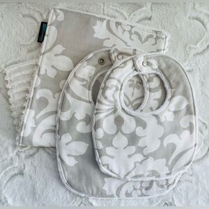 New Gray and White Damask Infant & Baby Bib with Burp Cloth Set